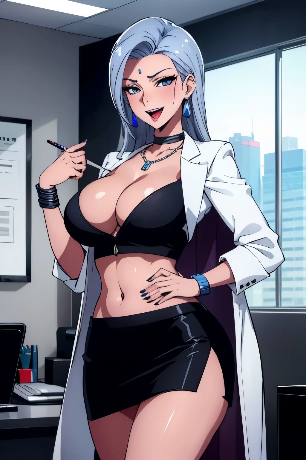 D_E_Ell, blue lips, white skin, blush, lipstick,Hot girl, baddie, bad attitude, mean girl, crazy, smoking, sensual, attractive ,jewelry, earrings, masterpiece, best quality, highly detailed,breasts,skirt,cleavage,long hair,skirt
suit,suit,formal,jewelry,necklace,micro pencil skirt,jacket,smile,makeup,looking at viewer,business suit,
lipstick,office lady,mature female,micro miniskirt,indoor,office,office lady ,smile, open mouth, (nsfw) not
safe for work, holding a gun, evil expression, exposed belly, exposed navel, exposed midriff, exposed
lower belly , holding pistol