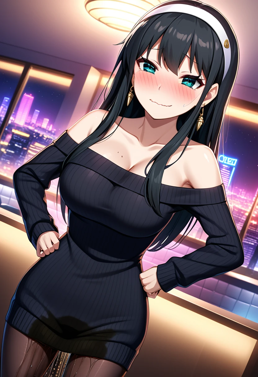 woman, yor briar, large breasts, black hair, earrings, white hairband, hairband, long hair, sidelocks, bare shoulders, collarbone, dress, long sleeves, off shoulder, off-shoulder dress, off-shoulder sweater, pantyhose, sweater, sweater dress, thighs, standing, (wetting herself:1.5), best quality, ultra-detailed, HDR, studio lighting, professional, vivid colors, sharp focus, bokeh, landscape, love hotel, bar counter, night, window, cityscape, colorful city, neon lights, futuristic, science fiction, soft lighting, dynamic shadows, (embarrassed:1.5), (humiliation:1.5), (blushing:1.5), (wavy mouth:1.75), (smile:1.5), nervous, (nervous smile:2.0), (sweating:2.0), facing viewer, (hands on hips:2.0)