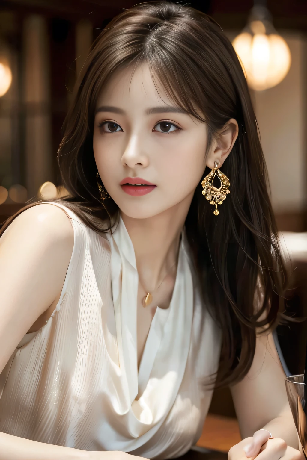 masterpiece, Highest quality, Realistic, Very detailed, Finer details, High resolution, 8k wallpaper, One beautiful woman, Wear a pretty colored silk shirt, In a great restaurant, At night, Light brown messy hair, Perfect dynamic composition, Beautiful and beautiful eyes、Big earrings、chest、Sleeveless shirt、