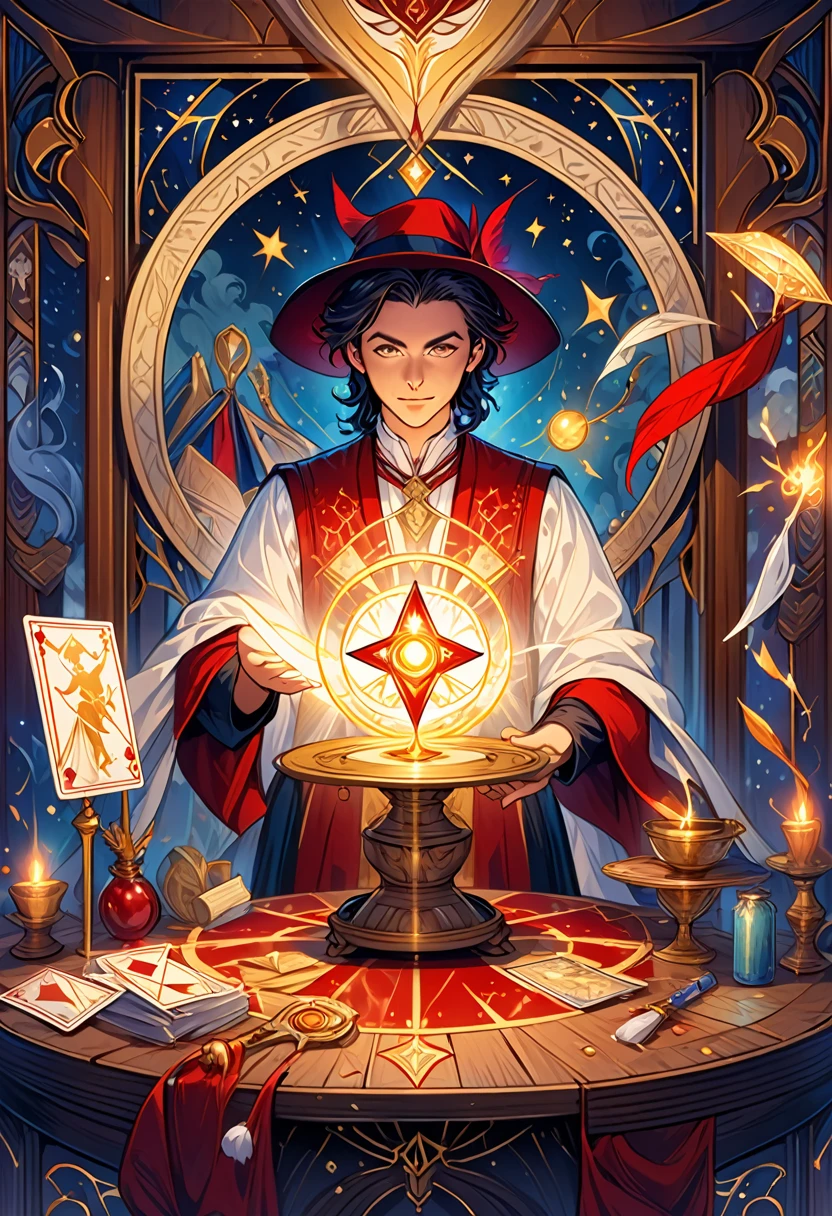Create a detailed image of a tarot card representing "The Magician." The card should have a classic tarot artistic style, with mystical and symbolic elements. The central figure should be a powerful magician, standing confidently behind a table adorned with magical tools and symbols. The Magician should exude an aura of mastery, skill, and transformation. The card should have the title "The Magician" at the bottom, written in an elegant, mystical font. The color palette should be vibrant and varied, with rich tones of red, white, and gold to highlight the dynamic and transformative energy of The Magician.