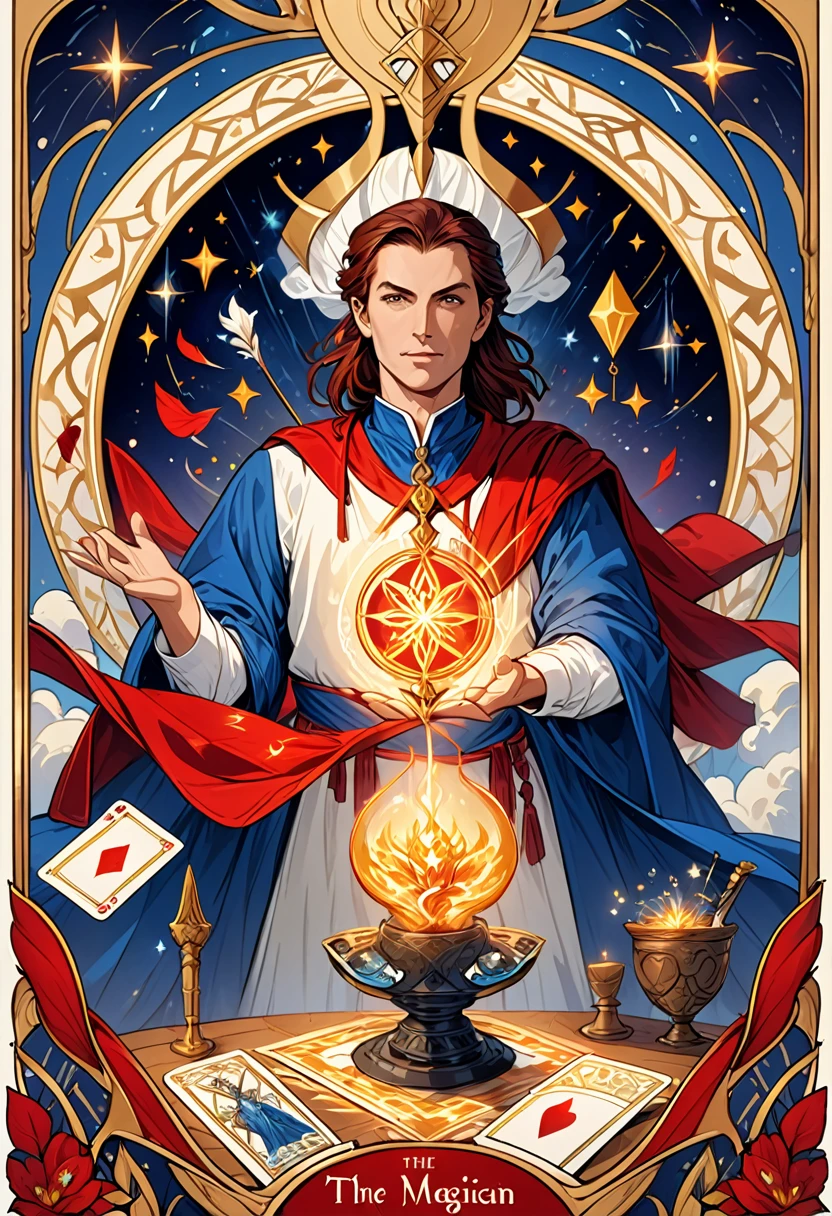Create a detailed image of a tarot card representing "The Magician." The card should have a classic tarot artistic style, with mystical and symbolic elements. The central figure should be a powerful magician, standing confidently behind a table adorned with magical tools and symbols. The Magician should exude an aura of mastery, skill, and transformation. The card should have the title "The Magician" at the bottom, written in an elegant, mystical font. The color palette should be vibrant and varied, with rich tones of red, white, and gold to highlight the dynamic and transformative energy of The Magician.