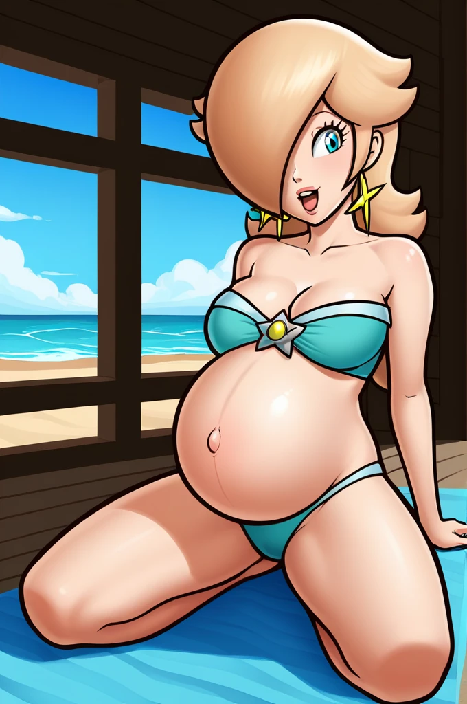 score_9, score_8_up, 1girl, solo, rosalina, style parody, thick outlines, bikini, swimsuit, pregnant belly, big belly, sleeveless, strapless, cleavage, indoors, beach, happy, showing his belly