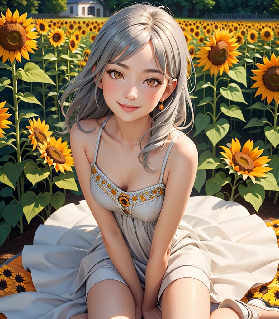 masterpiece, best quality, high detail, 1 girl, gray hair, (orange eyes), dress, kneeling, smile, garden of sunflowers, realistic, ethereal, up close