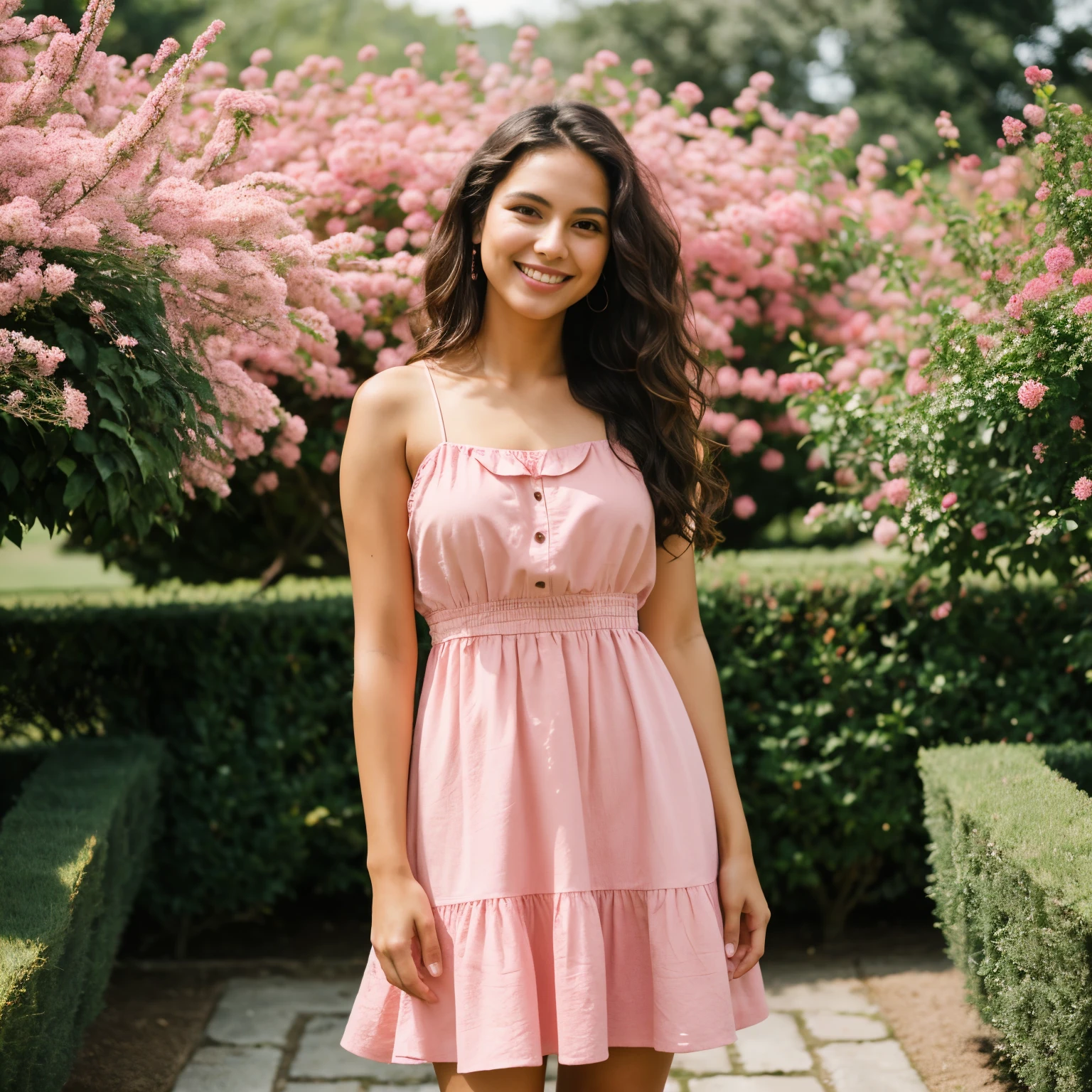 ((best quality)), ((masterpiece)), (detailed), a young latina woman, dark, wavy hair, round face, slender body, dressed in a casual daring pink dress, standing boldly in a pink garden, smiles seductively straight at the camera, perfect face, perfect hands, five fingers, masterpiece,