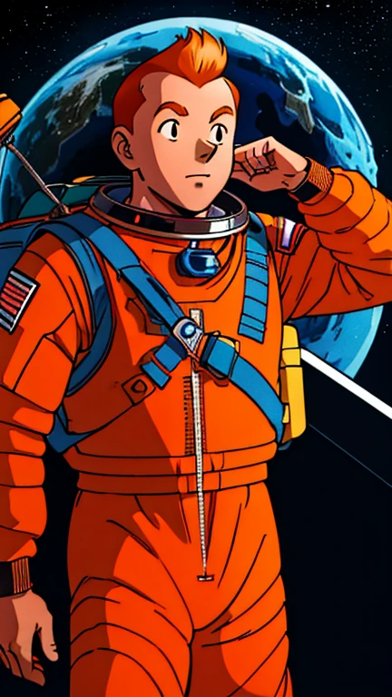 (Teens:1man: Tintin), (extremely detailed CG unit 8k wallpaper),(master part), (best quality), (ultra detali), (best illustration),(1990s \(style\), retro artstyle), cowboy shot, (Sharp eyeliner, ombre, detailed eyes:1),Dark space station interiors background, ,break , (astronaut in an orange space suit), upper body, short hair, orange hair