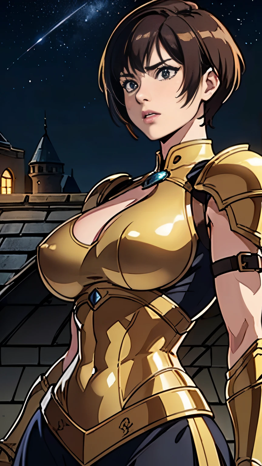 photo of mlp Meowko, RAW, beautiful woman, ((portrait)), ((detailed face:1.2)), ((anime face, anime facial feature, clear skin, glossy anime lips, clear skin), (short messy lesbian haircut, brunette: 1.55), (perfect proportioned body, Strong, muscular, narrow waist, narrow hips, skinny, large breasts), arched back, (wearing an elegant gold armor, full dress armor), (Castle rooftop, ancient midnight Castle, stary sky), (realistic photo, best quality, detailed), (8k wallpaper), (cinematic lighting, beautiful light, (night:1.3)) (sharp focus, intricate)