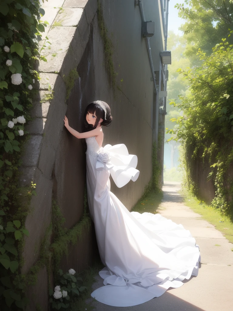 Wedding dress, bride, 1girl, Solo, long dress, climbing, climbing up