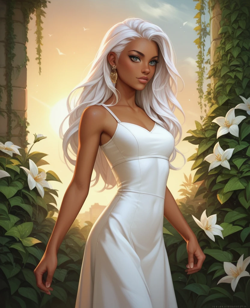 ((best quality)), ((masterpiece)), (detailed), 1girl, mixed race girl, African American + Caucasian girl with lighter skin, young woman, pretty, skinny, white hair, modern attire, modest, long hair, sun dress (not white)