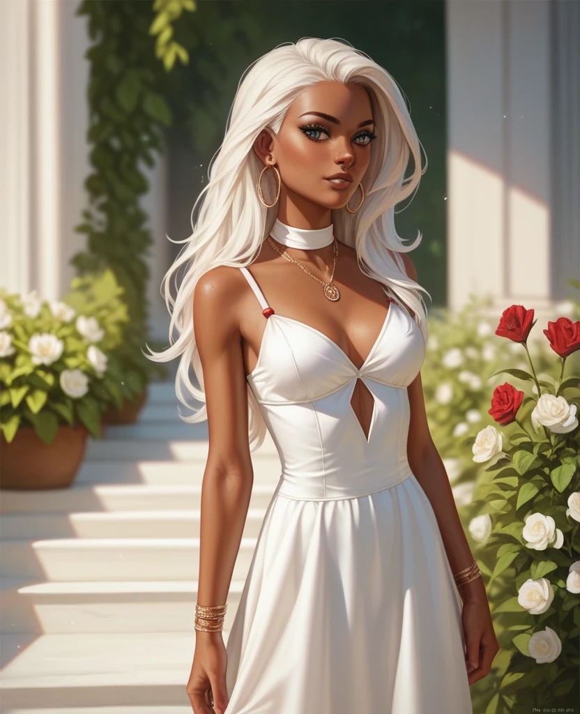 ((best quality)), ((masterpiece)), (detailed), 1girl, mixed race girl, African American + Caucasian girl with lighter skin, young woman, pretty, skinny, white hair, modern attire, modest, long hair, sun dress (not white)