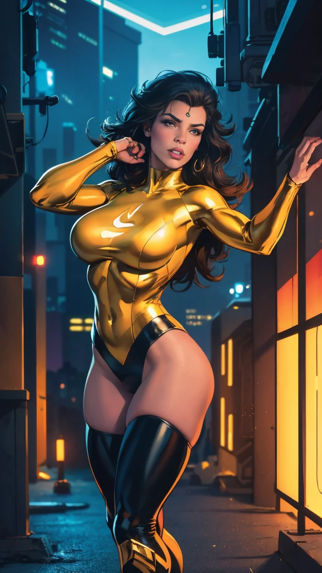 Full body picture：a voluptuous athletic woman, elegant facial features, long black hair, wearing white and gold superhero bodysuit, gloves, thigh-high boots, standing on a city street, (best quality,4K,8k,highres,masterpiece:1.2),ultra-detailed,(realistic,photorealistic,photo-realistic:1.37),detailed eyes,detailed lips,extremely detailed face,long eyelashes,dynamic pose,powerful,cinematic lighting,dramatic shadows,vibrant colors,neon lights,cyberpunk,sci-fi