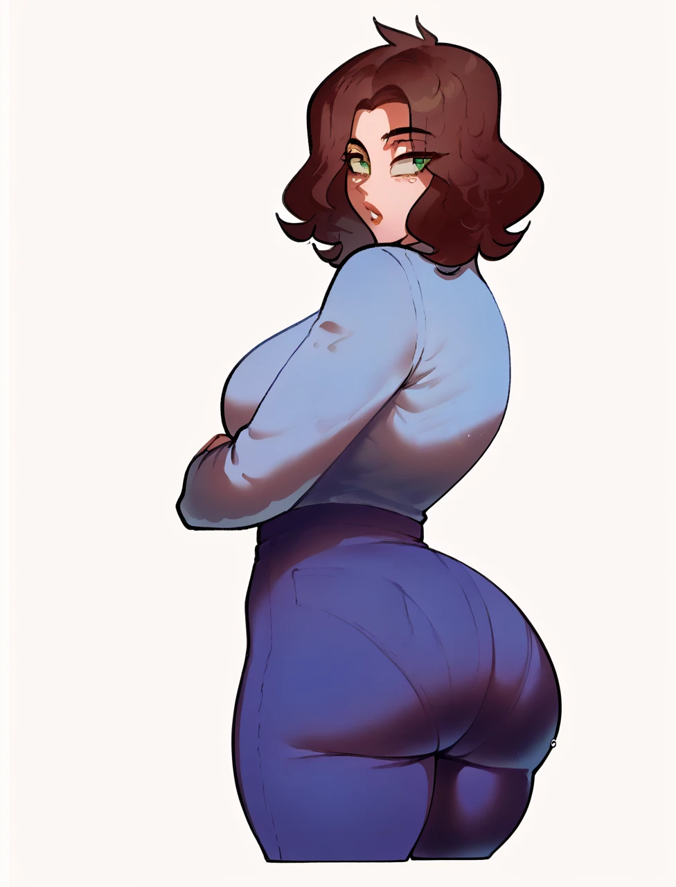 score_9, score_8_up, 1girl, brunette hair, green eyes, blue business shirt, blue business pants, thick, thick ass, thick breasts