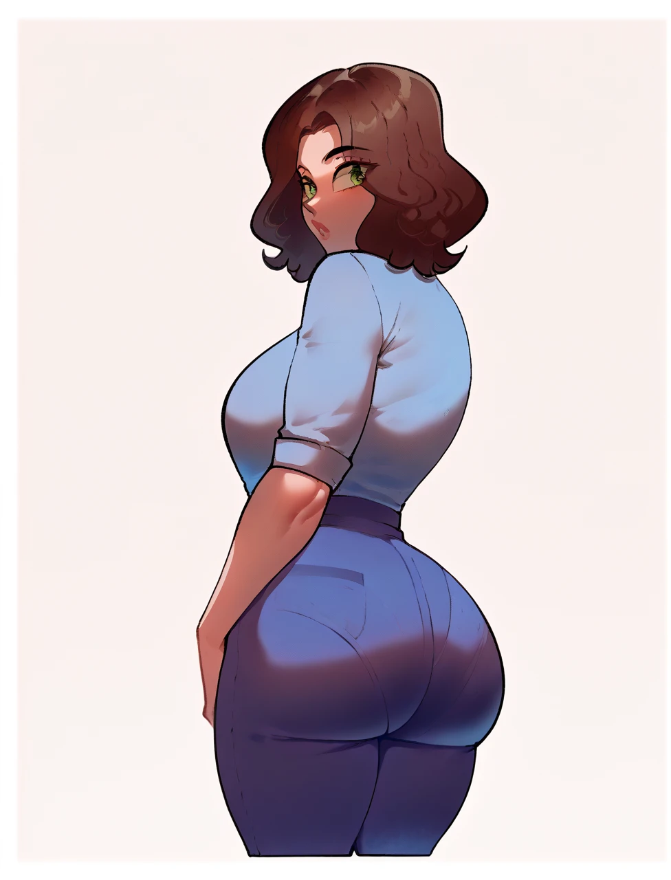 score_9, score_8_up, 1girl, brunette hair, green eyes, blue business shirt, blue business pants, thick, thick ass, thick breasts