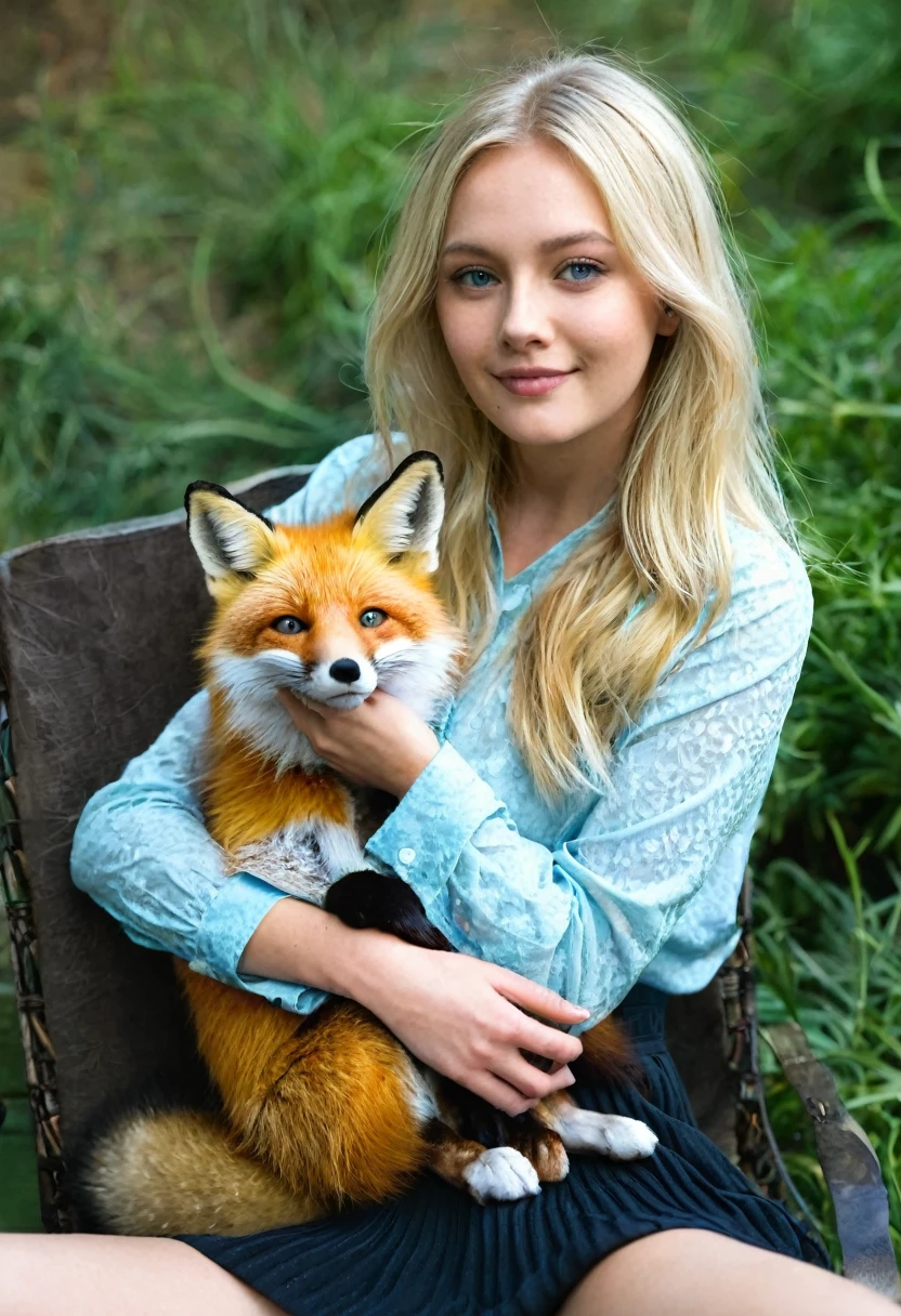 A blonde girl with a fox on her lap