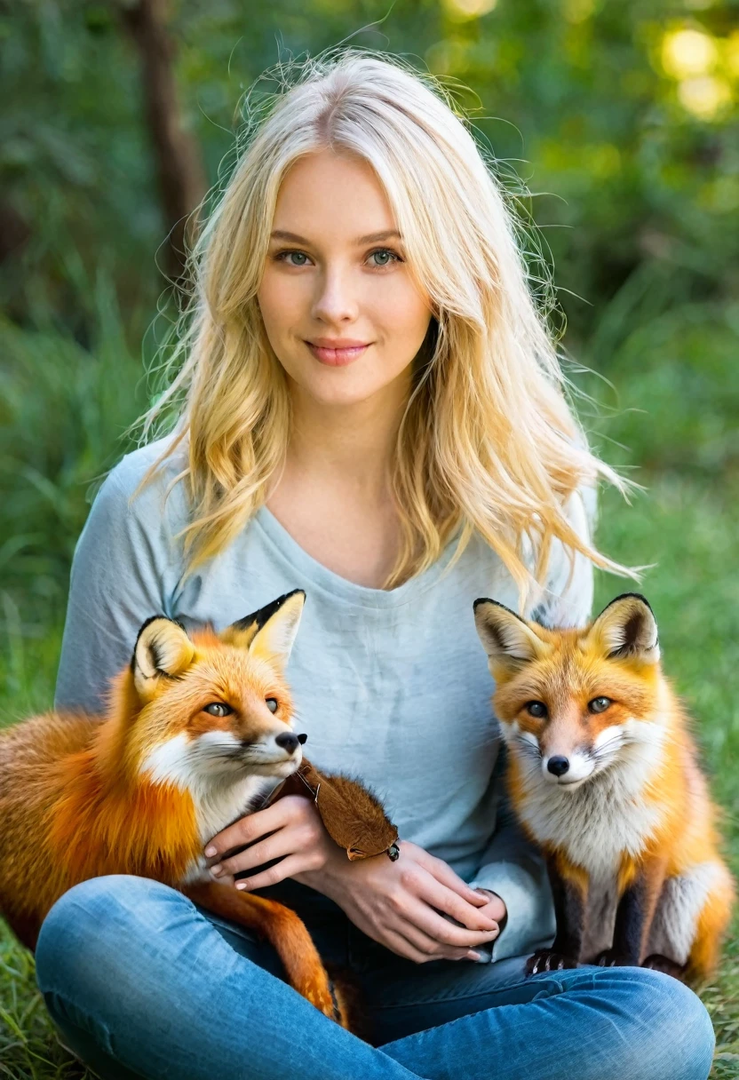 A blonde girl with a fox on her lap