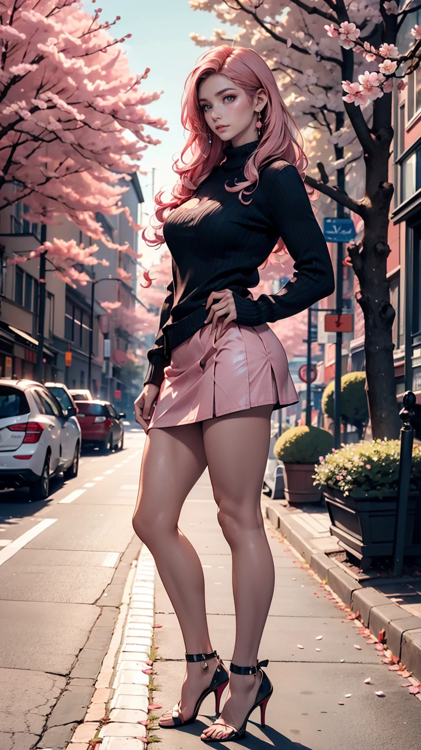 masterpiece, Highest quality, Very detailed, figure, Wide-angle, A girl is standing in the middle of the road, alone, The road in the middle and pink cherry blossom trees on the roadside, whole body, 20th Generation, Pink Hair, sweater, Short skirt, fashion,, composition, balance, Harmony, rhythm, color, Light, Shadow, reflection, refraction, tone, Contrast, prospect, Middle Way, background, Naturalistic, Figurative, Expressive、Saggy breasts、Stiletto heels、Place hands on hips