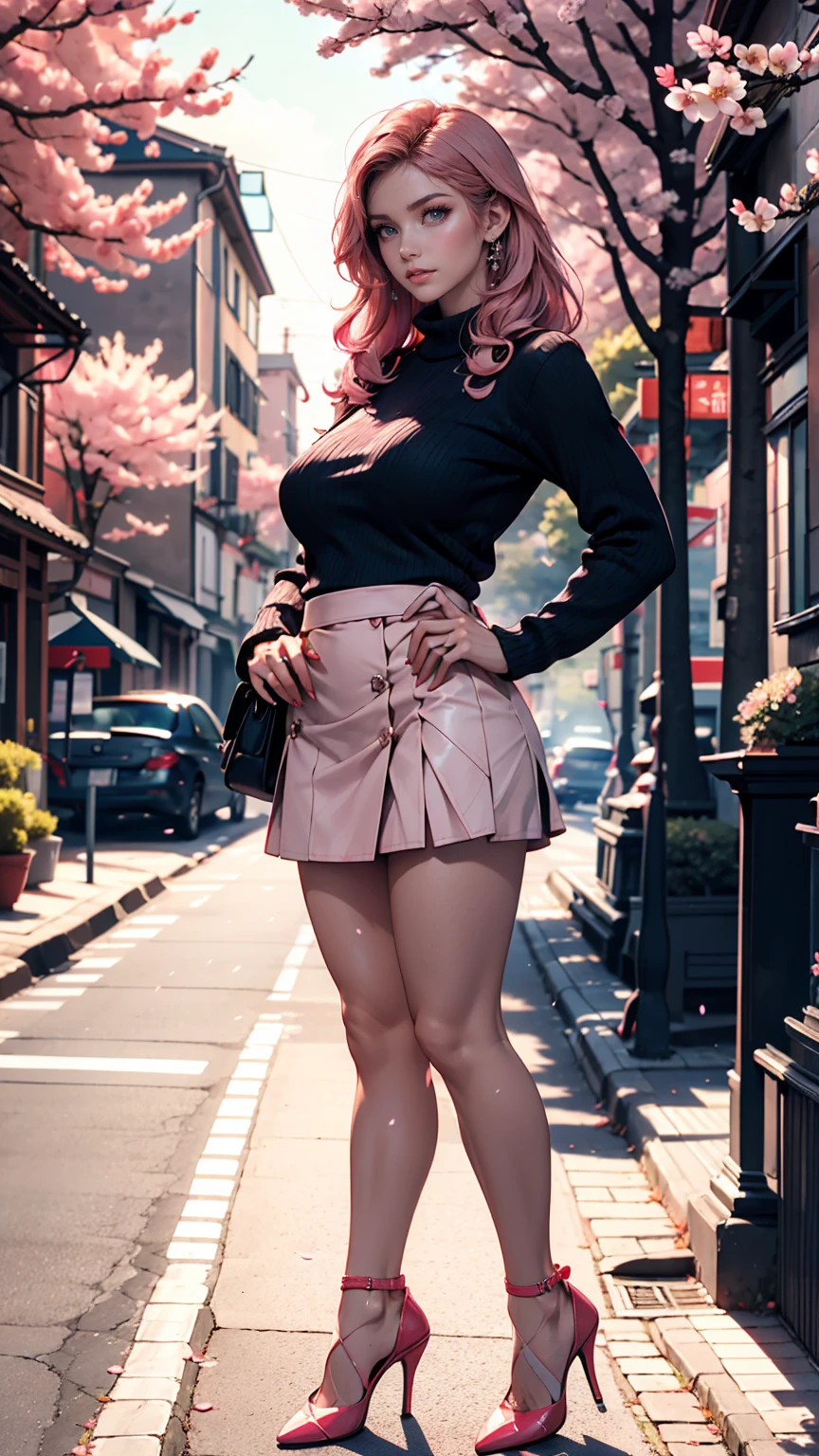 masterpiece, Highest quality, Very detailed, figure, Wide-angle, A girl is standing in the middle of the road, alone, The road in the middle and pink cherry blossom trees on the roadside, whole body, 20th Generation, Pink Hair, sweater, Short skirt, fashion,, composition, balance, Harmony, rhythm, color, Light, Shadow, reflection, refraction, tone, Contrast, prospect, Middle Way, background, Naturalistic, Figurative, Expressive、Saggy breasts、Stiletto heels、Place hands on hips