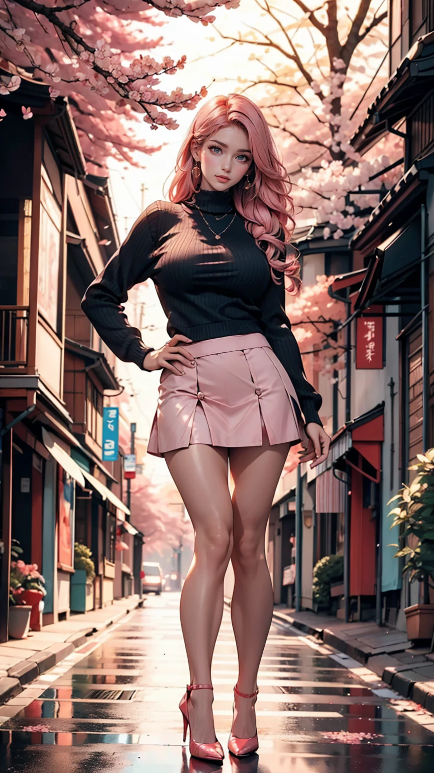 masterpiece, Highest quality, Very detailed, figure, Wide-angle, A girl is standing in the middle of the road, alone, The road in the middle and pink cherry blossom trees on the roadside, whole body, 20th Generation, Pink Hair, sweater, Short skirt, fashion,, composition, balance, Harmony, rhythm, color, Light, Shadow, reflection, refraction, tone, Contrast, prospect, Middle Way, background, Naturalistic, Figurative, Expressive、Saggy breasts、Stiletto heels、Place hands on hips