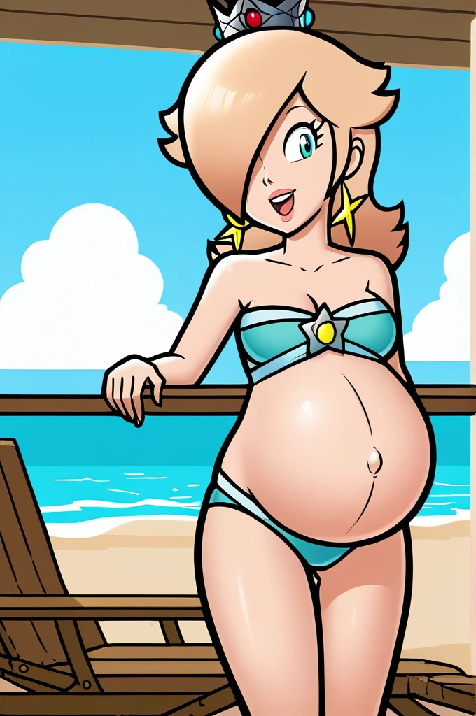 score_9, score_8_up, 1girl, solo, rosalina, style parody, thick outlines, bikini, swimsuit, pregnant belly, big belly, sleeveless, strapless, cleavage, indoors, beach, happy, showing his belly