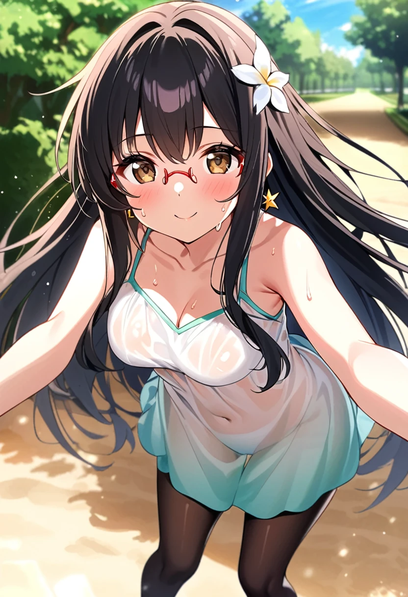 A beautiful girl with long, shiny black hair is standing under the bright midday summer sun, smiling joyfully. She is sweating, and her white blouse is damp, clinging to her skin and slightly see-through. The gentle breeze makes her black hair glisten as it catches the light, and her large eyes sparkle with happiness. In the background, a lush green park and clear blue sky stretch out, capturing the refreshing atmosphere of a perfect summer day.　brown eyes are shining and cute,black hair,long hair,(red-rimless eyewear:1.2),star earrings,incoming kiss,tights,