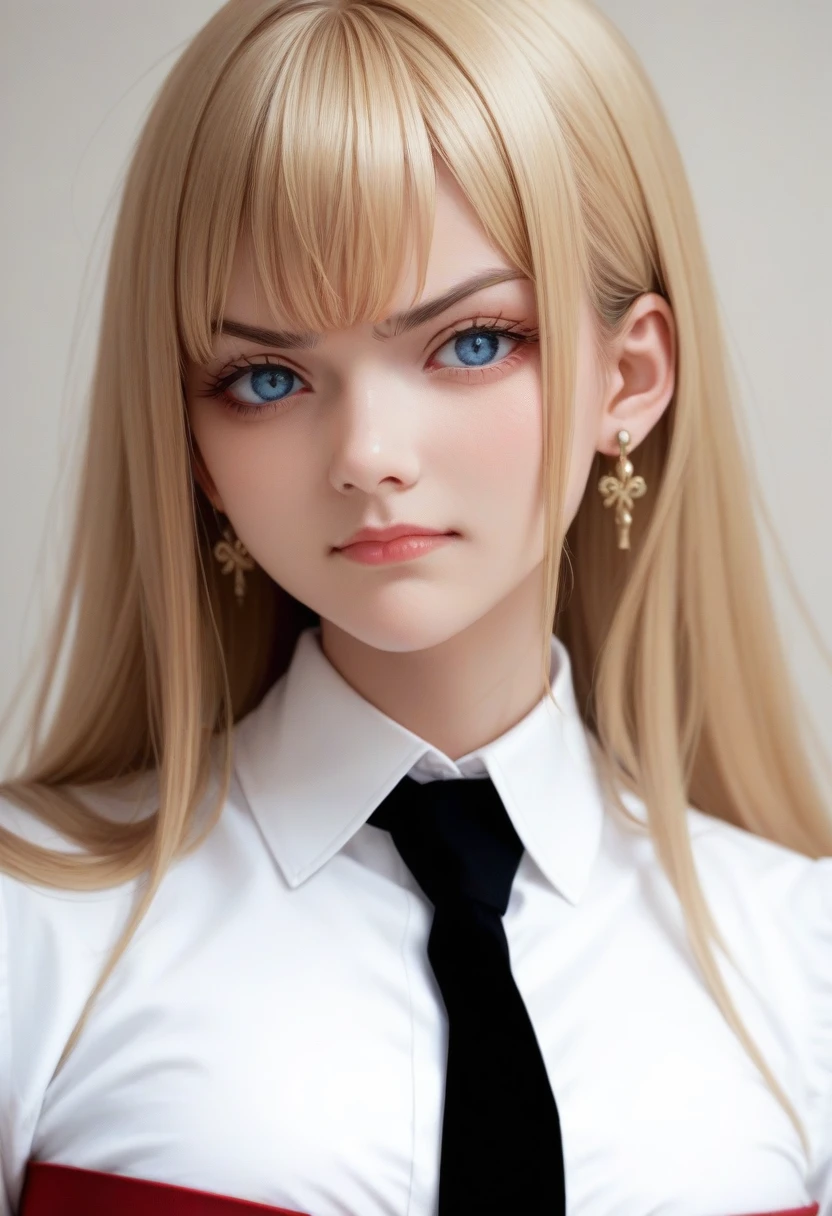 Blonde puffy hair pretty hairstyle white shirt black tie and medium red skirt she has red eyes and the overall look is anime make it japanese anime style she has gold jewllwery shes wealthy, Blonde Hair, Bangs, Blue eyes, Earrings, Light Smile, Serious, Furrowed Brow,l, Simple background, Annoyed, Sidelocks,with a great pose solo pretty 