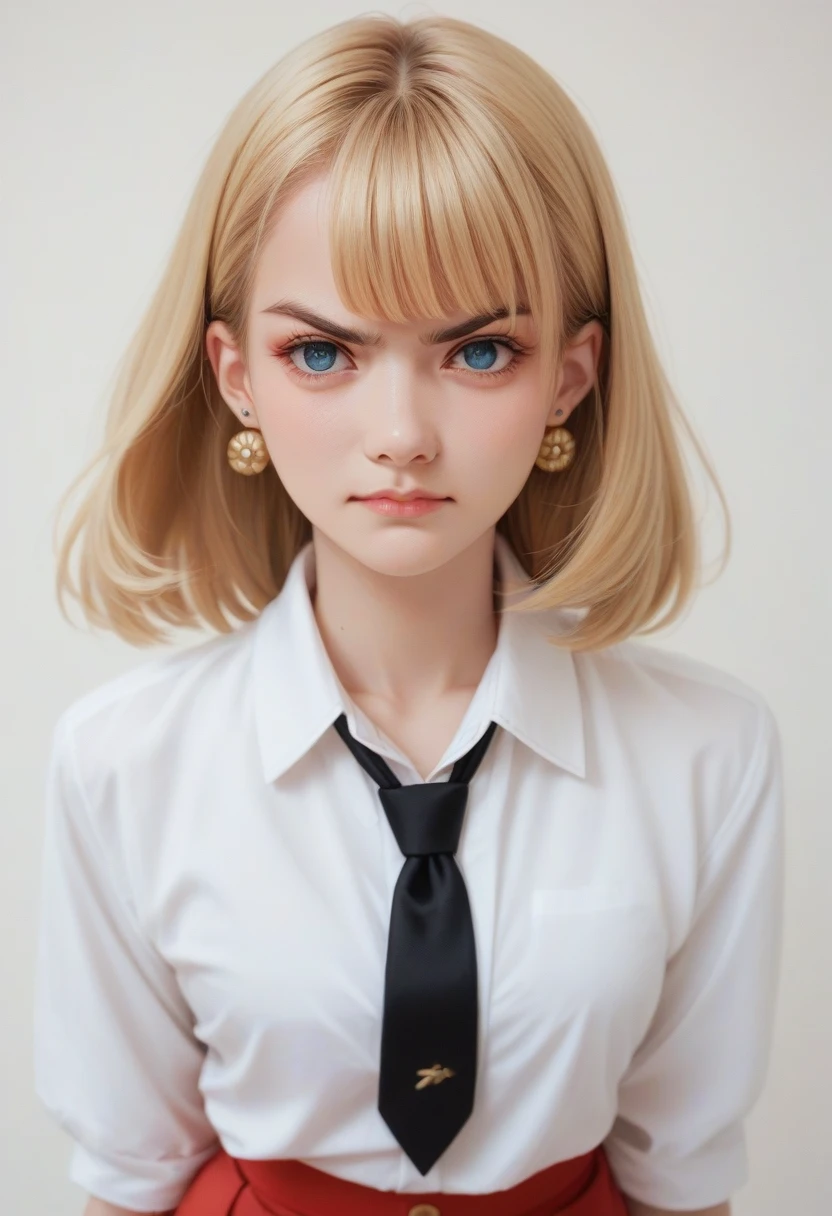 Blonde puffy hair pretty hairstyle white shirt black tie and medium red skirt she has red eyes and the overall look is anime make it japanese anime style she has gold jewllwery shes wealthy, Blonde Hair, Bangs, Blue eyes, Earrings, Light Smile, Serious, Furrowed Brow,l, Simple background, Annoyed, Sidelocks,with a great pose solo pretty