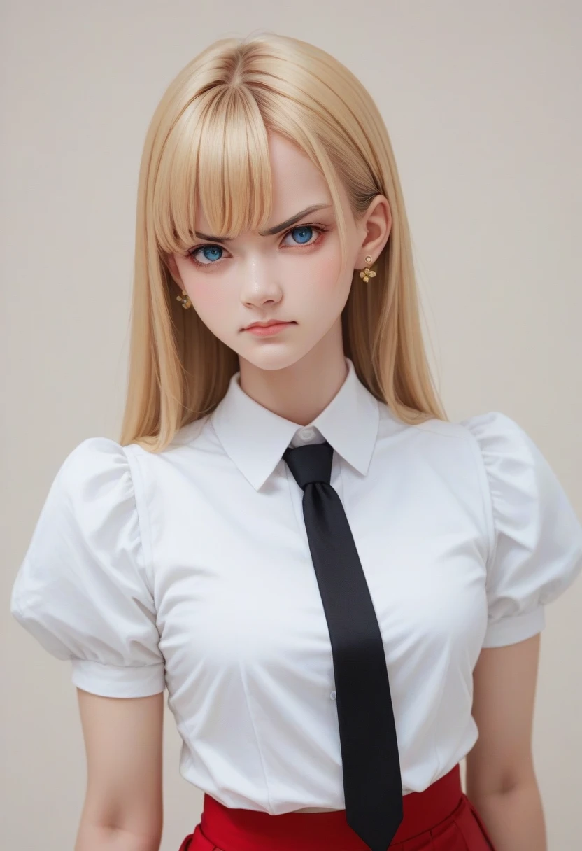 Blonde puffy hair pretty hairstyle white shirt black tie and medium red skirt she has red eyes and the overall look is anime make it japanese anime style she has gold jewllwery shes wealthy, Blonde Hair, Bangs, Blue eyes, Earrings, Light Smile, Serious, Furrowed Brow,l, Simple background, Annoyed, Sidelocks,with a great pose solo pretty