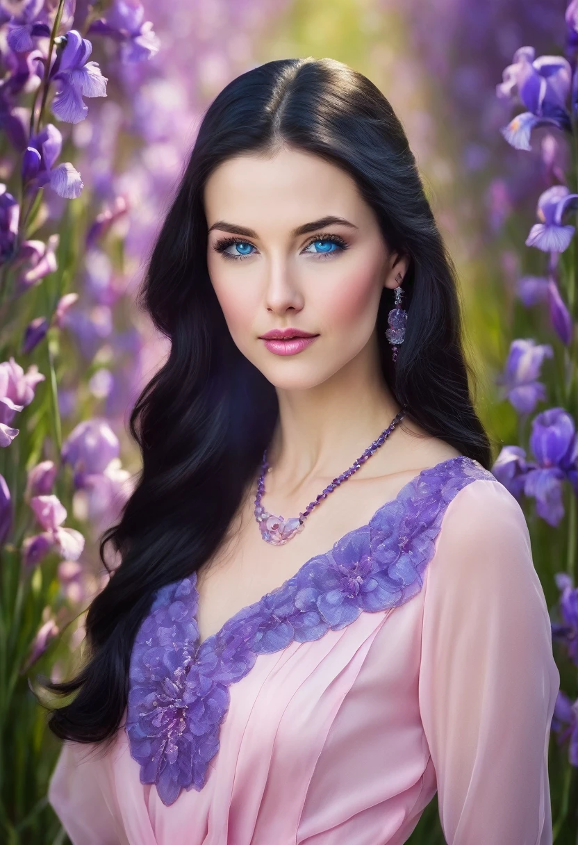 Beautiful young woman with very long black hair and blue eyes, fair skin, light pink lips and a very attractive body. She's wearing an elegant and modest pink dress. A blue necklace. Purple iris flower background.