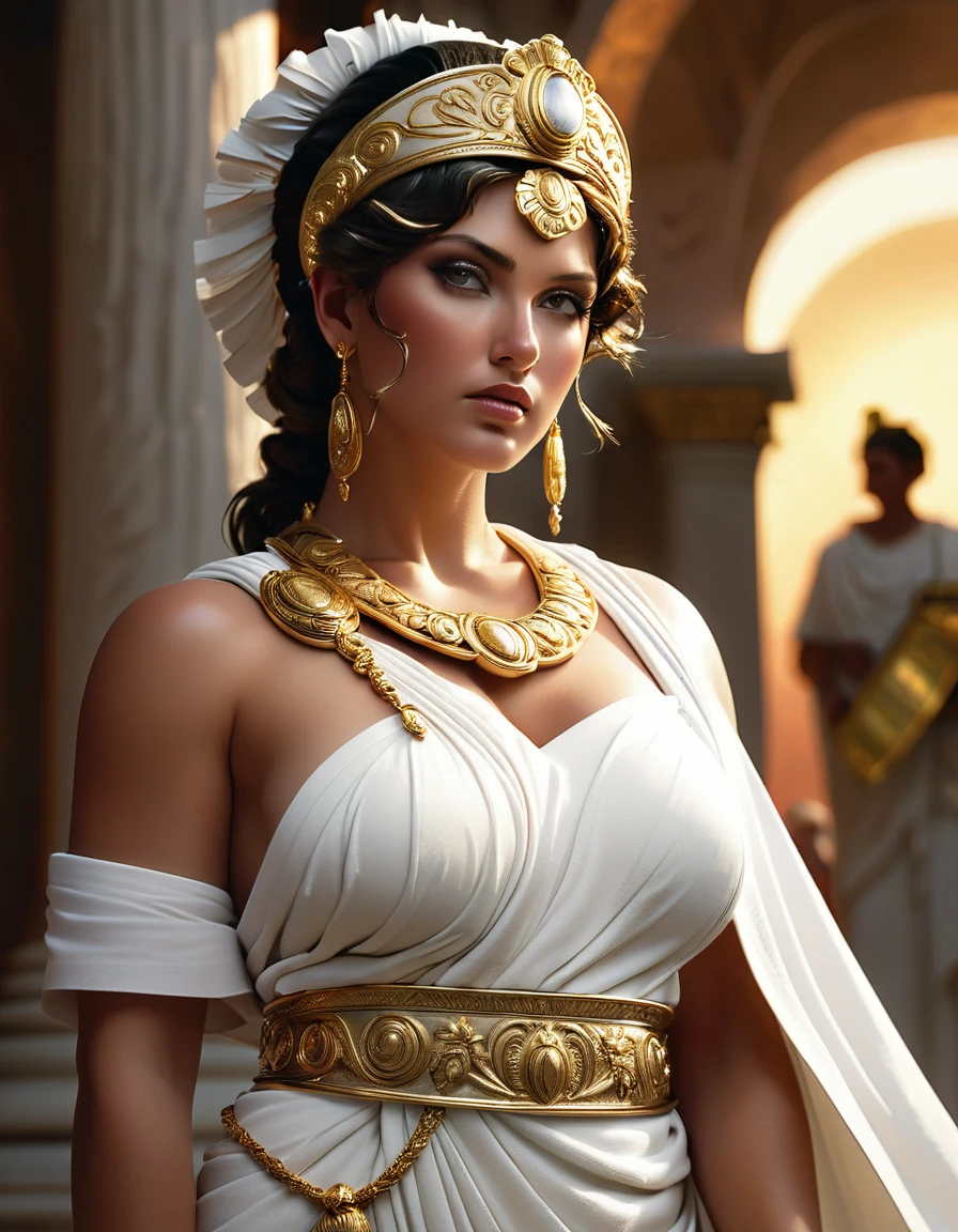 a beautiful busty roman woman in a white toga with gold jewelry, highly detailed, photorealistic, intricate jewelry, glowing skin, dramatic lighting, cinematic composition, epic fantasy, ambient occlusion, hyper detailed, volumetric lighting, seamless, impeccable rendering, incredibly lifelike, ornate headpiece, dramatic pose, luxurious fabrics, masterpiece, award winning, stunning