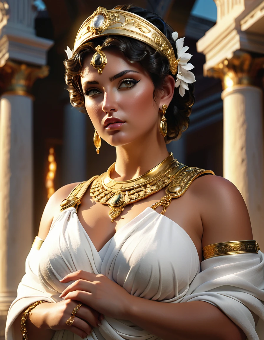 a beautiful busty roman woman in a white toga with gold jewelry, highly detailed, photorealistic, intricate jewelry, glowing skin, dramatic lighting, cinematic composition, epic fantasy, ambient occlusion, hyper detailed, volumetric lighting, seamless, impeccable rendering, incredibly lifelike, ornate headpiece, dramatic pose, luxurious fabrics, masterpiece, award winning, stunning