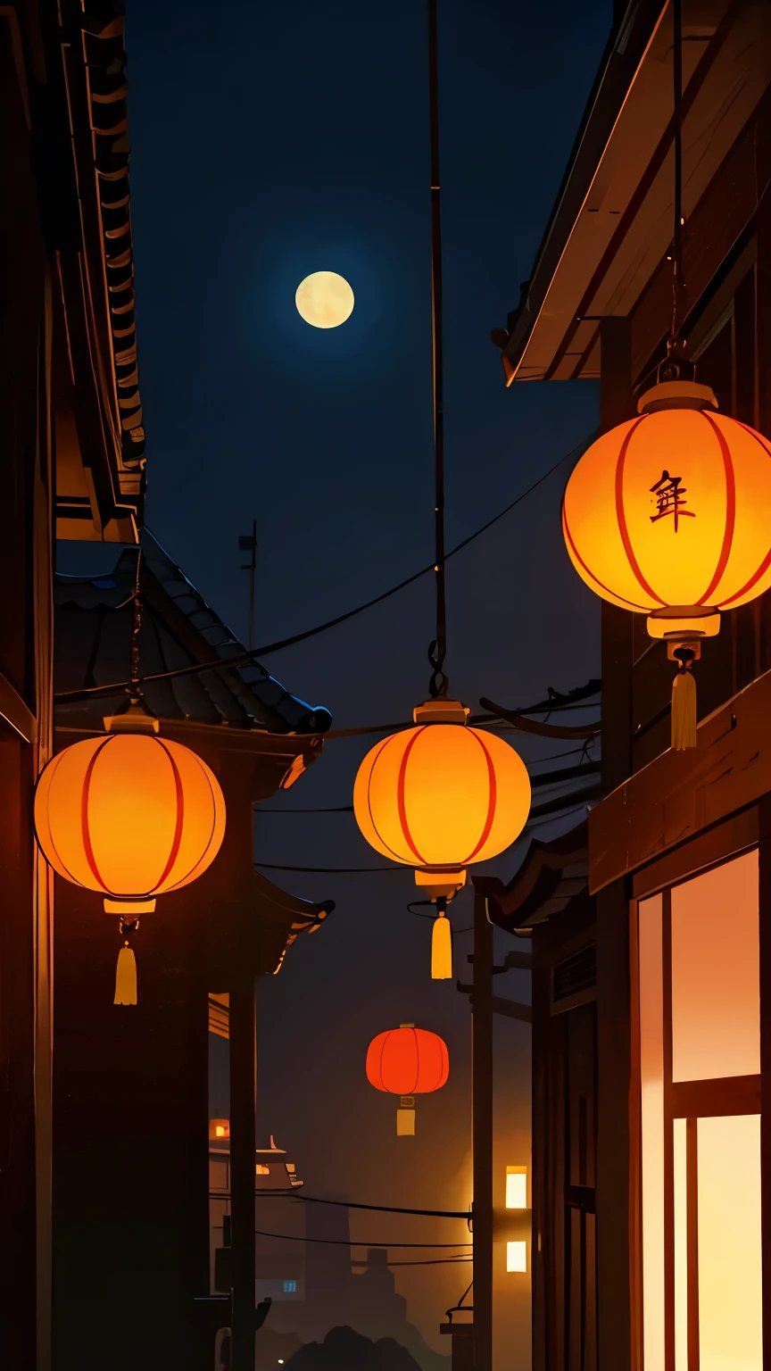 In a dim environment,The moonlight shines in at night,Vertical Chinese lanterns hang on the eaves of the 1980s,Chinese horror