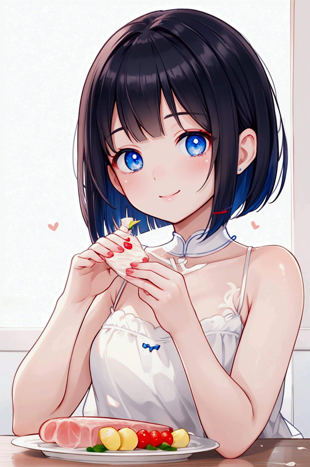 Photorealistic、Highest quality、Highest Resolution、Highest quality、16K、A beautiful woman eating ham、Cute face、Delicate face、blue eyes、Delicate eyes、looks fun、smile、Bob cut hair、Dark Hair Color、
