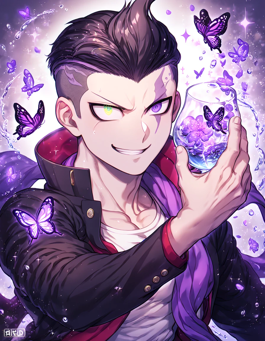 absurdres, highres, ultra detailed, HDR, master piece, best quality, Tanaka Gundham, black hair, heterochromia, expressive eyes, right eye is red, left eye is gray, Danganronpa, solo, sexy man, handsome, sensual, smile, black coat, white T-shirt, purple scarf, water, fantasy, magical, shining, purple flowers, purple blossoms, purple petals, purple butterflies, sparkling glass, manly man