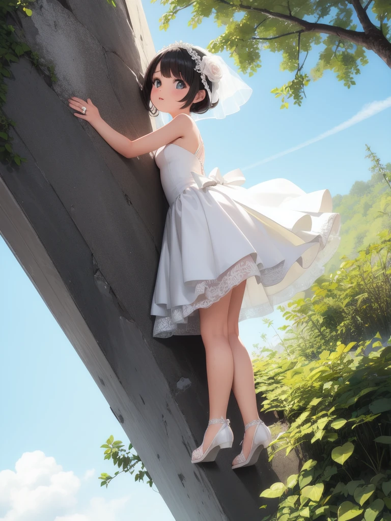 Wedding dress, bride, 1girl, Solo, dress, climbing, climbing up