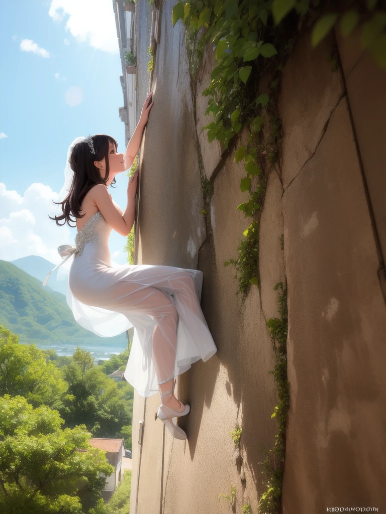 Wedding dress, bride, 1girl, Solo, dress, climbing, climbing up
