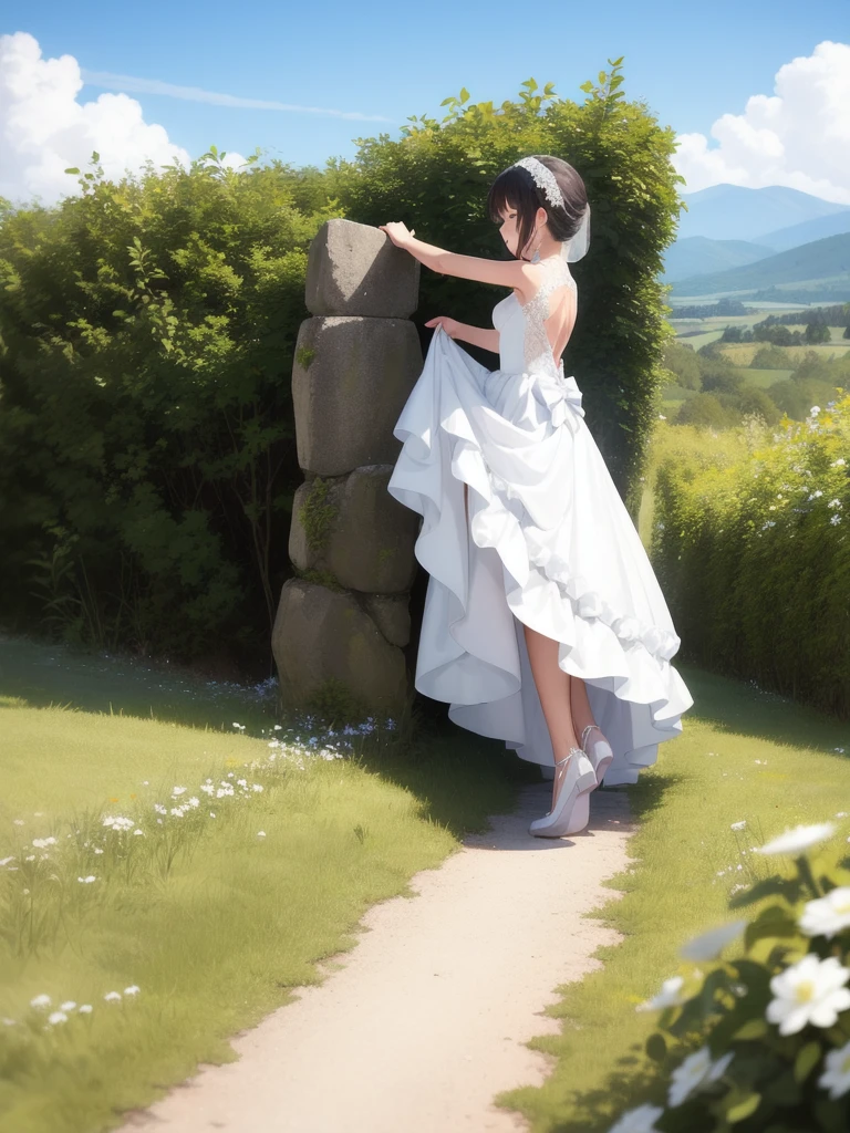 Wedding dress, bride, 1girl, Solo, dress, climbing, climbing up