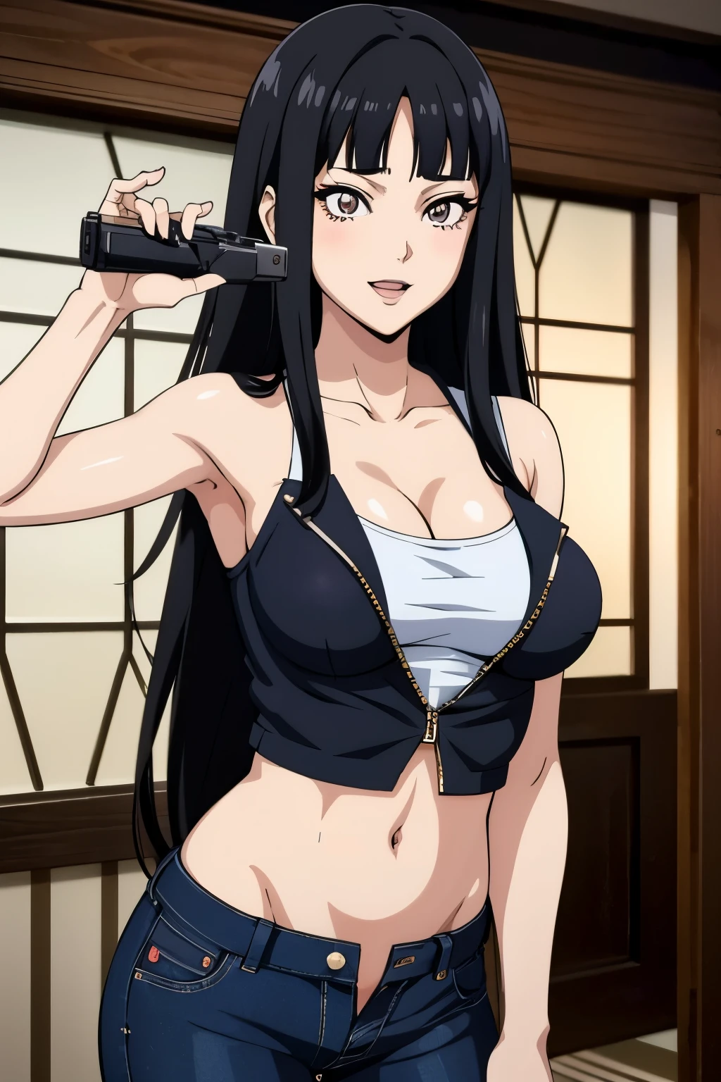 anime girl with long black hair , hinata hyuga, sui ishida with black hair, style of junji ito, junko enoshima, subtle junji ito, kotegawa yui, 1 7 -  - old me goth girl, misato katsuragi, blush, lipstick,Hot girl, baddie, bad attitude, mean girl, crazy, smoking, sensual, attractive , bar background, inside bar, indoor, masterpiece, best quality, highly detailed, a girls with a gun, evil smile , open mouth, sexy gaze, badass pose , evil smile, smile, guns blazing, anime girl with long hair, beautiful long haired girl, navel, evil expression, exposed belly, exposed navel, exposed midriff, exposed lower belly, long black pants, crop top, cleavage, unbuttoned leather pants ,open fly, low rise black leather pants, leather jacket, holding a gun, holding pistol,