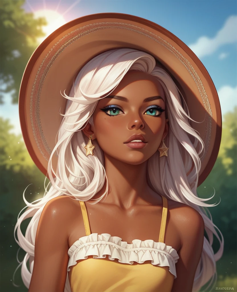 ((best quality)), ((masterpiece)), (detailed), 1girl, mixed race girl, African American + Caucasian girl with lighter skin, young woman, pretty, skinny, white hair, modern attire, modest, long hair, sun dress (not white)