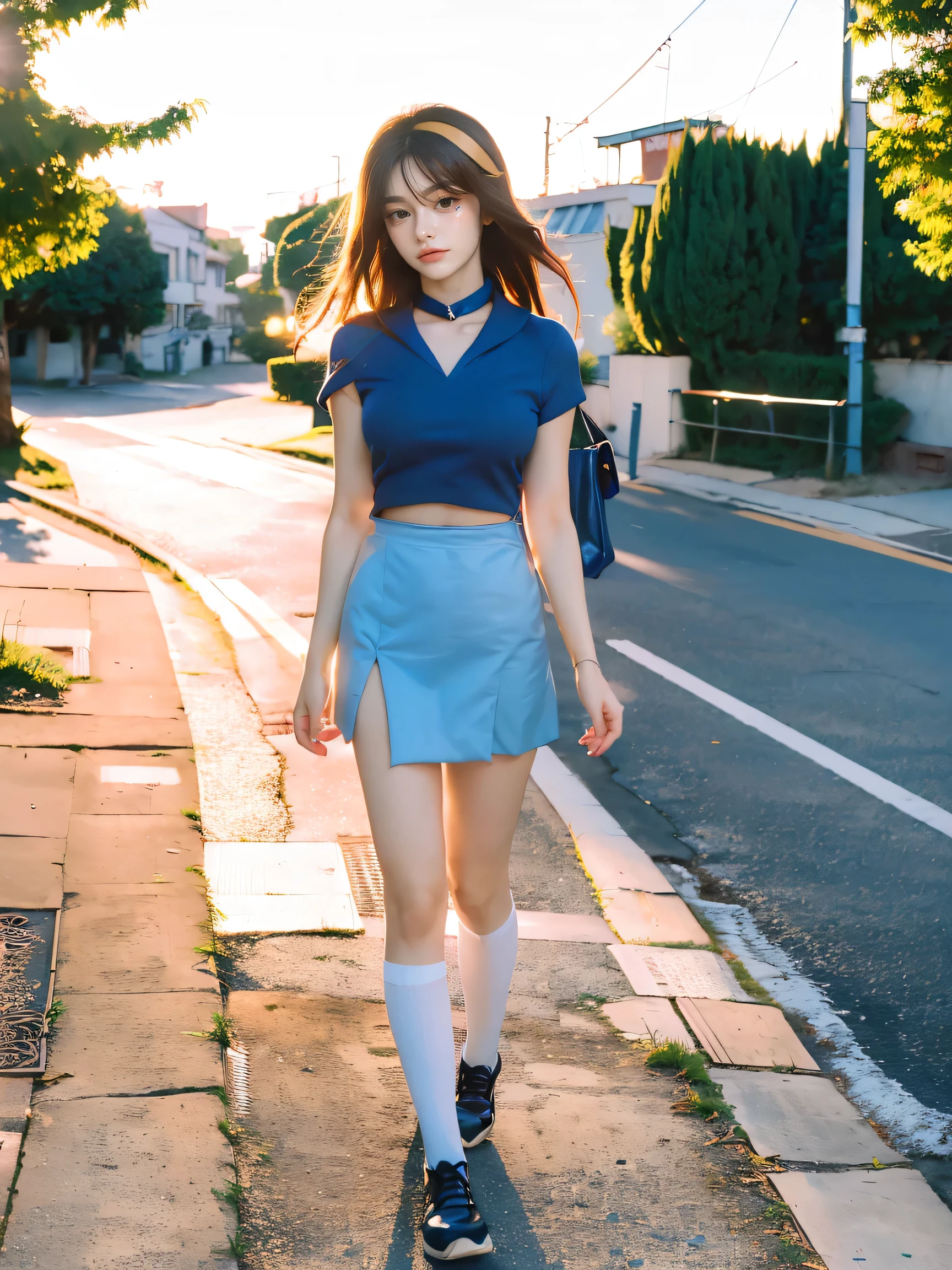 (1 lady), (Best quality at best:1.4), (ultra - detailed), (extremely detailed CG unified 16k), A Beautiful Woman with Perfect Figure: 1.4, Sharp Focus: 1.2, very detailed, High-definition RAW color photo, professional photoshooting, amazing face and eyes, cosmetics, (amazingly beautiful girl), ((suzumiya haruhi)), NOT Dasha Taran, ((kita high sch0ol uniform, blue sailor collar, blue skirt, armband, hairband, medium long hair, ribbon, socks)), standing, nature, tree, park, realistic cinematic face, head to feet long wide zoomed out view, full body long view, photorealistic, she is standing straight, ((realistic natural caramel brown hair style, brown eyes)), gorgeous, extremely beautiful face, perfect model beauty, pout mouth, Highly Detailed Face and Skin Texture, Detailed Eyes, Double Eyelids, Medium Breasts, smiling hard, western, (masterpiece), best quality, high resolution, extremely detailed, blurred background, depth of field, cinematic lighting, amazing legs, combat boots, clear and well-cared skin,