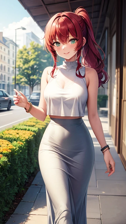 masterpiece, best quality, 2girls, two beautiful women walking together, wavy hair, dark blue hair, low ponytail, red hair, white t-shirt, crop top, gray maxi pencil skirt, gray pencil skirt, long skirt:1.2, leather boots, bracelet, fall, leaves, garden, sidewalk, looking at viewer, upper body, confident smile, atmospheric