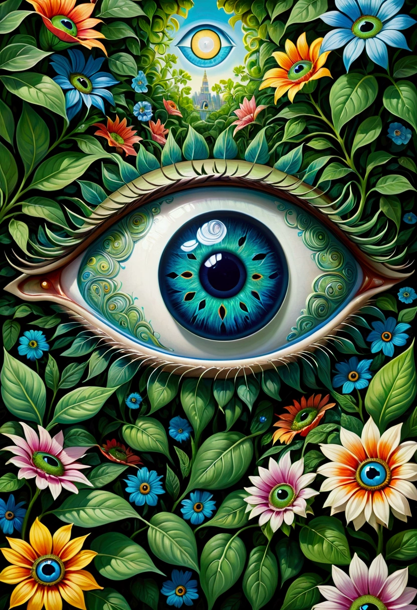 A painting,There is a blue eye in the painting,Surrounded by green leaves and flowers,Psychedelic Art, Portrait of a mysterious giant eye, Very detailed and hypnotic, Mysterious Eye, Psychedelic illustration, All-Seeing Eye, artwork, Psychedelic surrealist art, big eyes