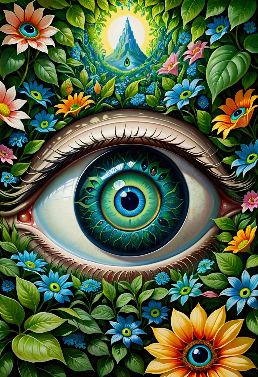 A painting,There is a blue eye in the painting,Surrounded by green leaves and flowers,Psychedelic Art, Portrait of a mysterious giant eye, Very detailed and hypnotic, Mysterious Eye, Psychedelic illustration, All-Seeing Eye, artwork, Psychedelic surrealist art, big eyes