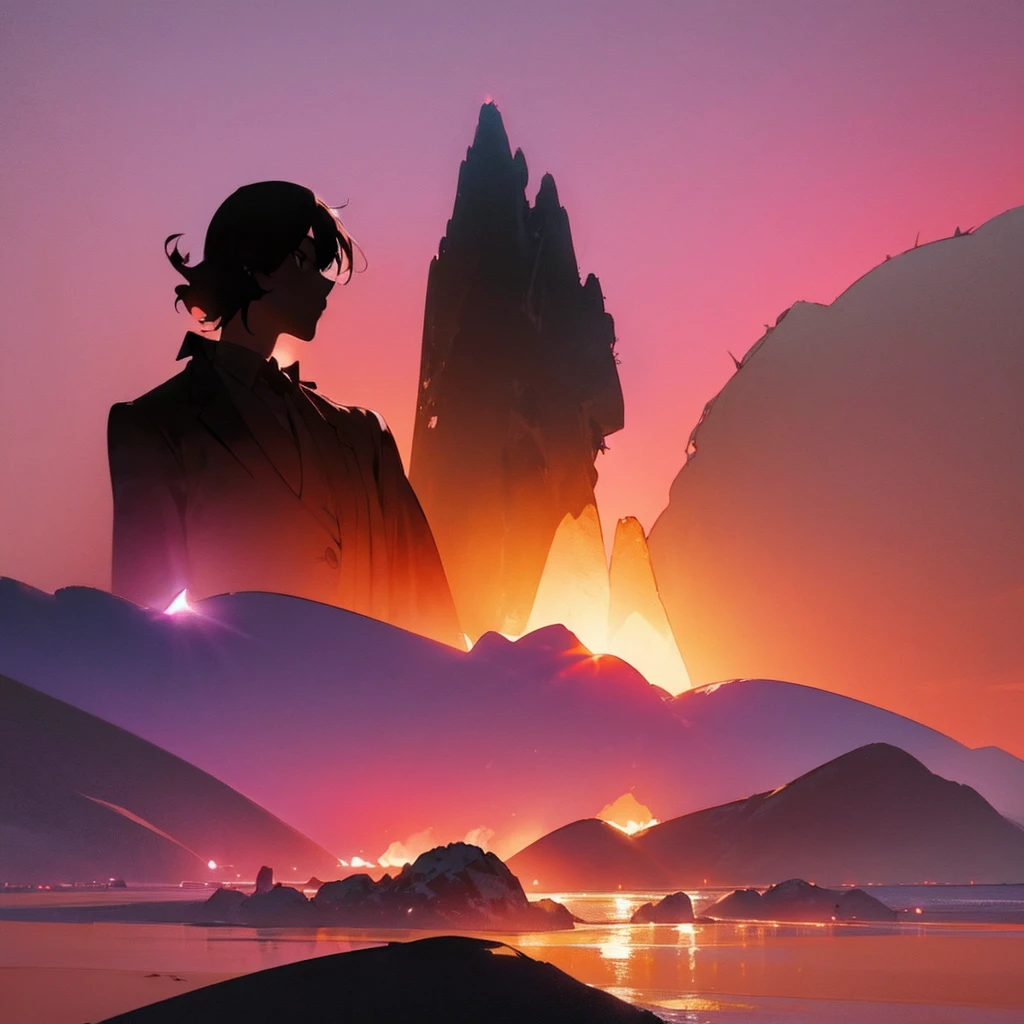 (Silhouette Art, cropping:1.6), Photo for music album, background of a rocky cave on the beach in a pink sunset, anime style, ((shadow of a mountain in the foreground))