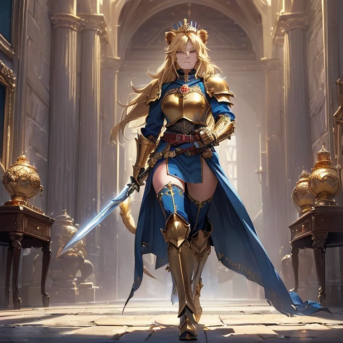 High Resolution, Masterpiece, fantasy genre, HD, High Quality, Backlighting, Overexposure, Optical Illusion, Silhouette,
Anime Style, Digital Art, character alone cowboy-shot view, Warhammer 40K aesthetic
{{((Character: 80 years old british knight queen: (blonde medium length straight hair with fringes tied in a tail with a blue ribbon, beautiful face, face freckles, dark-blue eyes, elegant smile, relaxed expression, tall body), (huge bulky knight armor, red shoulder plates with golden trims, golden cuirass, golden crowned roaring lion face crest on cuirass, red elbow plates, blue arm plates, blue gauntlets, golden belt, blue hip armor plates, red and blue armored bulky boots, (golden riyal lion long sword)), (walking alone on patrol while holding the royal sword, rotal british castle hall))}}