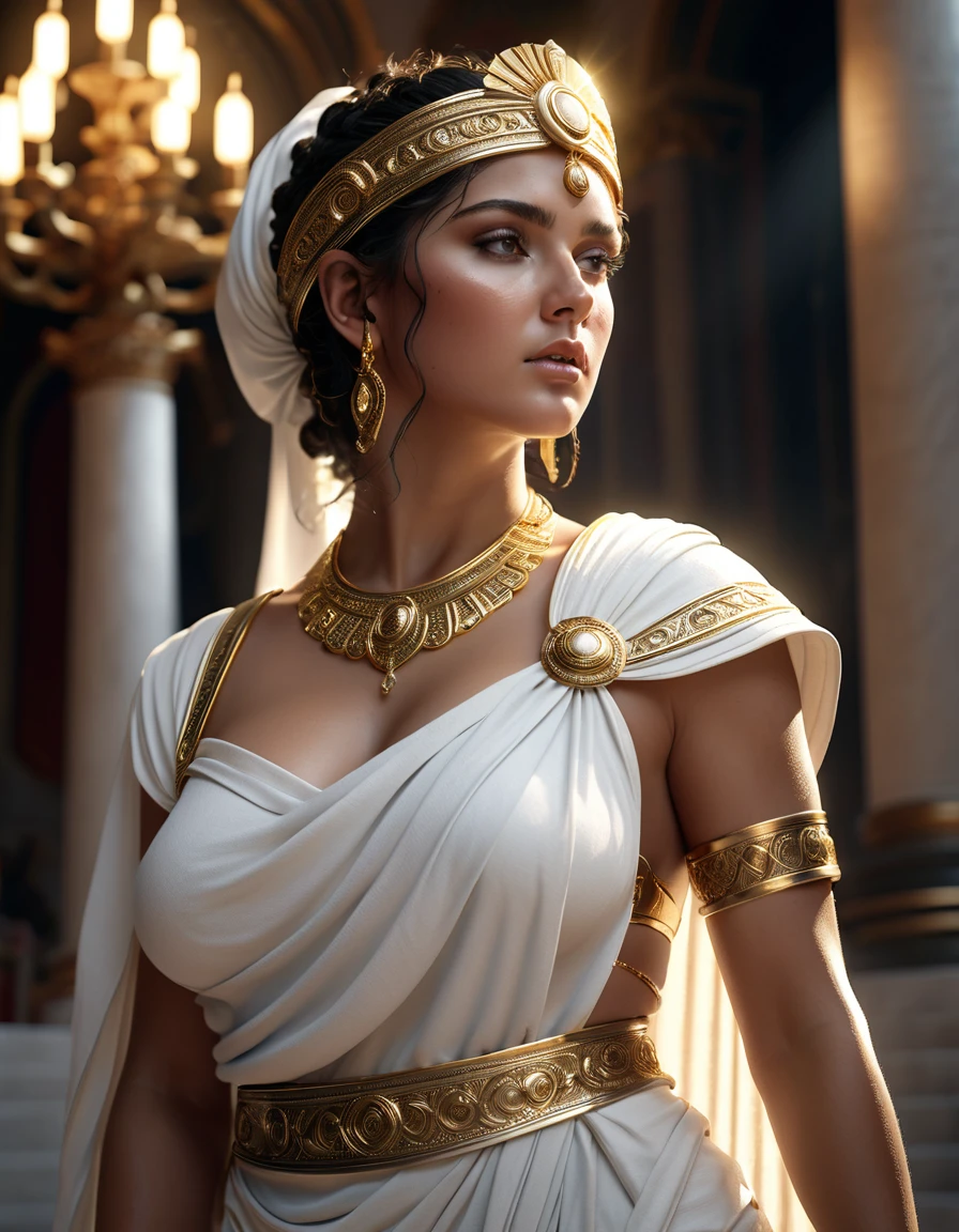 a beautiful busty roman woman in a white toga with gold jewelry, highly detailed, photorealistic, intricate jewelry, glowing skin, dramatic lighting, cinematic composition, epic fantasy, ambient occlusion, hyper detailed, volumetric lighting, seamless, impeccable rendering, incredibly lifelike, ornate headpiece, dramatic pose, luxurious fabrics, masterpiece, award winning, stunning