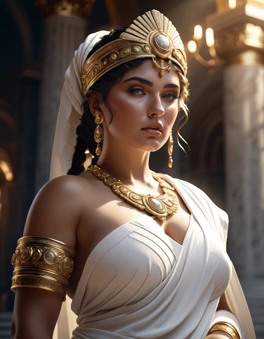 a beautiful busty roman woman in a white toga with gold jewelry, highly detailed, photorealistic, intricate jewelry, glowing skin, dramatic lighting, cinematic composition, epic fantasy, ambient occlusion, hyper detailed, volumetric lighting, seamless, impeccable rendering, incredibly lifelike, ornate headpiece, dramatic pose, luxurious fabrics, masterpiece, award winning, stunning