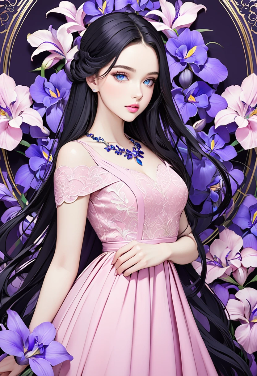 Beautiful young woman with very long black hair and blue eyes, fair skin, light pink lips and a very attractive body. She's wearing an elegant and modest pink dress. A blue necklace. Purple iris flower background.