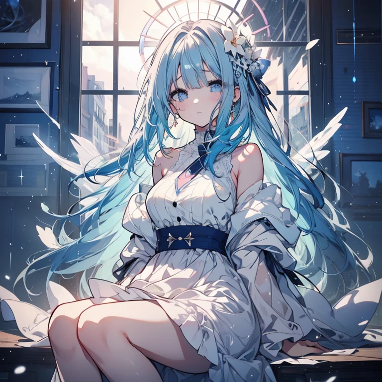 1 girl、Mature、Ample breasts、Long Hair、Blue Hair、Straight Hair、Trimmed bangs、Sad face、tears、White Dress、Shoulder Bare、Weather showers、Sunshine、prism、In town、sing、Sit down、despair、Eternal farewell、High resolution、Highest quality