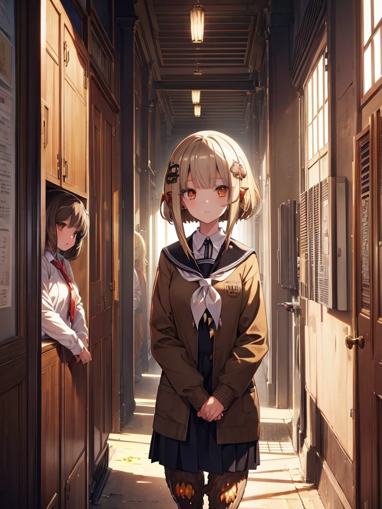 five girls, school, class, (black hair), blond, (((light brown))), standing, silver, short, long, face, ((((((monster girls))))))
