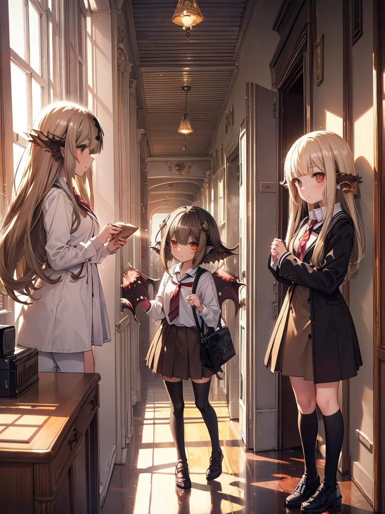 five girls, school, class, (black hair), blond, (((light brown))), standing, silver, short, long, face, ((((((monster girls))))))
