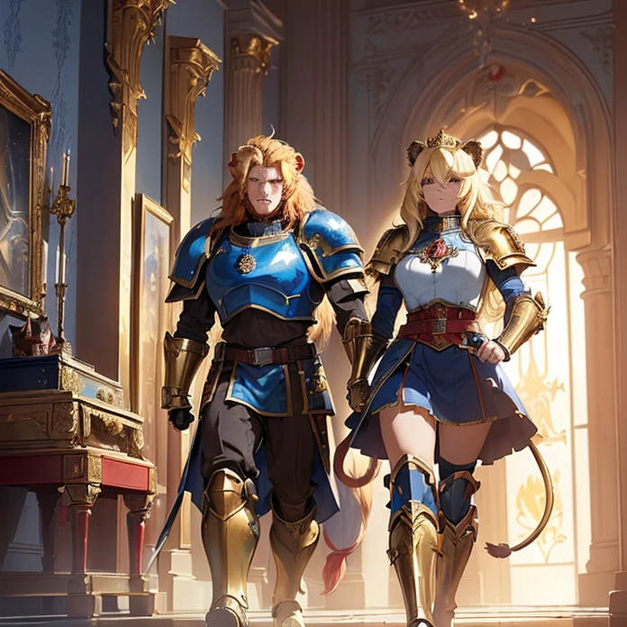 High Resolution, Masterpiece, fantasy genre, HD, High Quality, Backlighting, Overexposure, Optical Illusion, Silhouette,
Anime Style, Digital Art, character alone cowboy-shot view, Warhammer 40K aesthetic
{{((Character: female space marine 80 years old knight queen: (blonde medium length straight hair with fringes tied in a tail with a blue ribbon, beautiful face, face freckles, dark-blue eyes, elegant smile, relaxed expression, tall body), (huge bulky knight armor, red shoulder plates with golden trims, golden cuirass, golden crowned roaring lion face crest on cuirass, red elbow plates, blue arm plates, blue gauntlets, golden belt, blue hip armor plates, red and blue armored bulky boots, (golden riyal lion long sword)), (walking alone on patrol while holding the royal sword, rotal british castle hall))}}